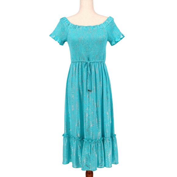Michael Kors Women Turquoise Foil-Print Casual Smocked A-line Midi Dress Size L - Picture 1 of 4